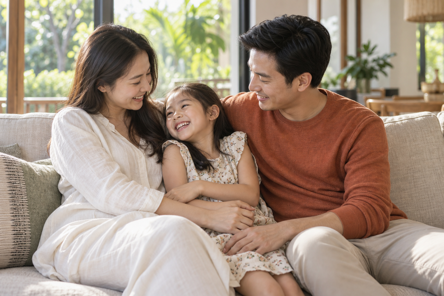 พ่อแม่และลูกสาวชาวเอเชียยิ้มและกอดกันบนโซฟาในบ้านแสนอบอุ่น