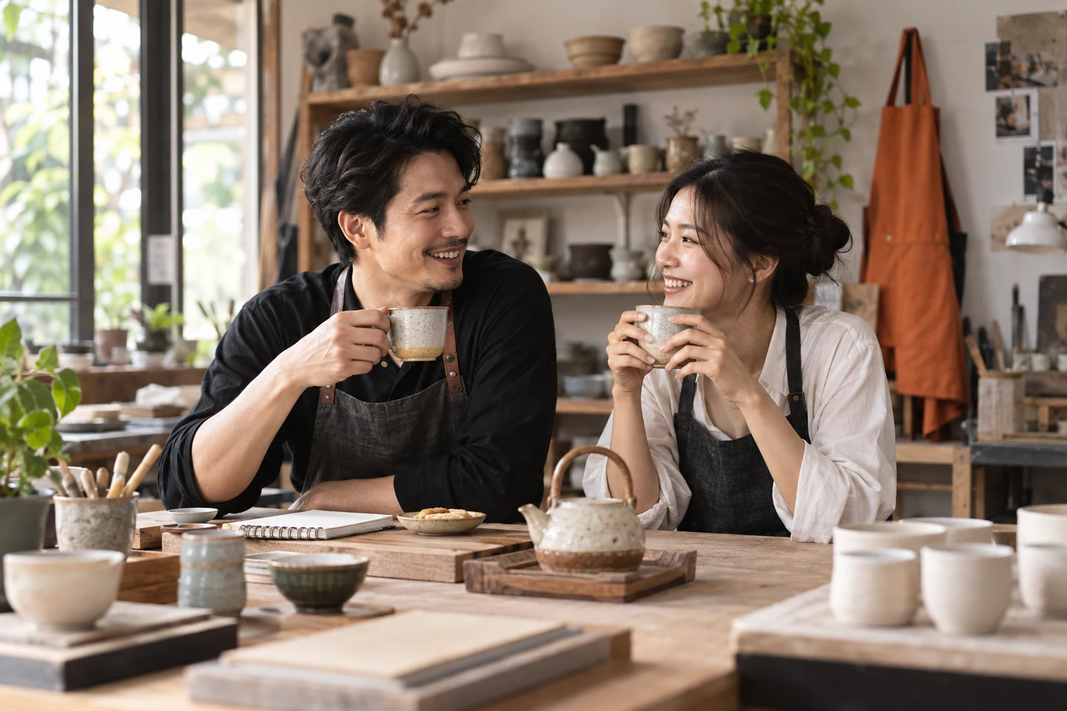 ภาพประกอบสร้างด้วย AI: คู่เจ้าของกิจการพักดื่มชาในสตูดิโอเซรามิก